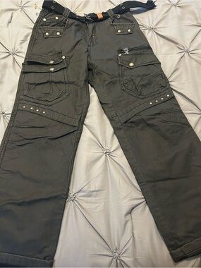Men's Black Cargo Pants with Zip & Stud Details